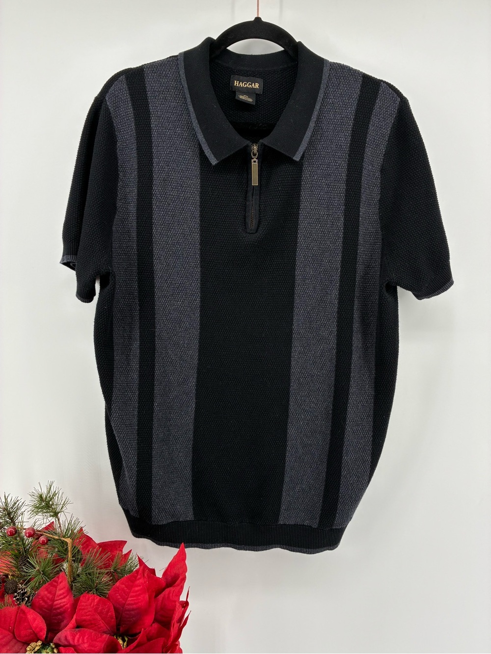 Haggar Men's Black & Charcoal Short-Sleeve Zip Polo Sweater